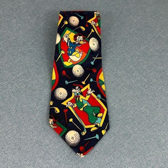 Disney Mickey Inc Silk Vintage Goofy Donald Duck Golf Print Tie - Picture 1 of 4